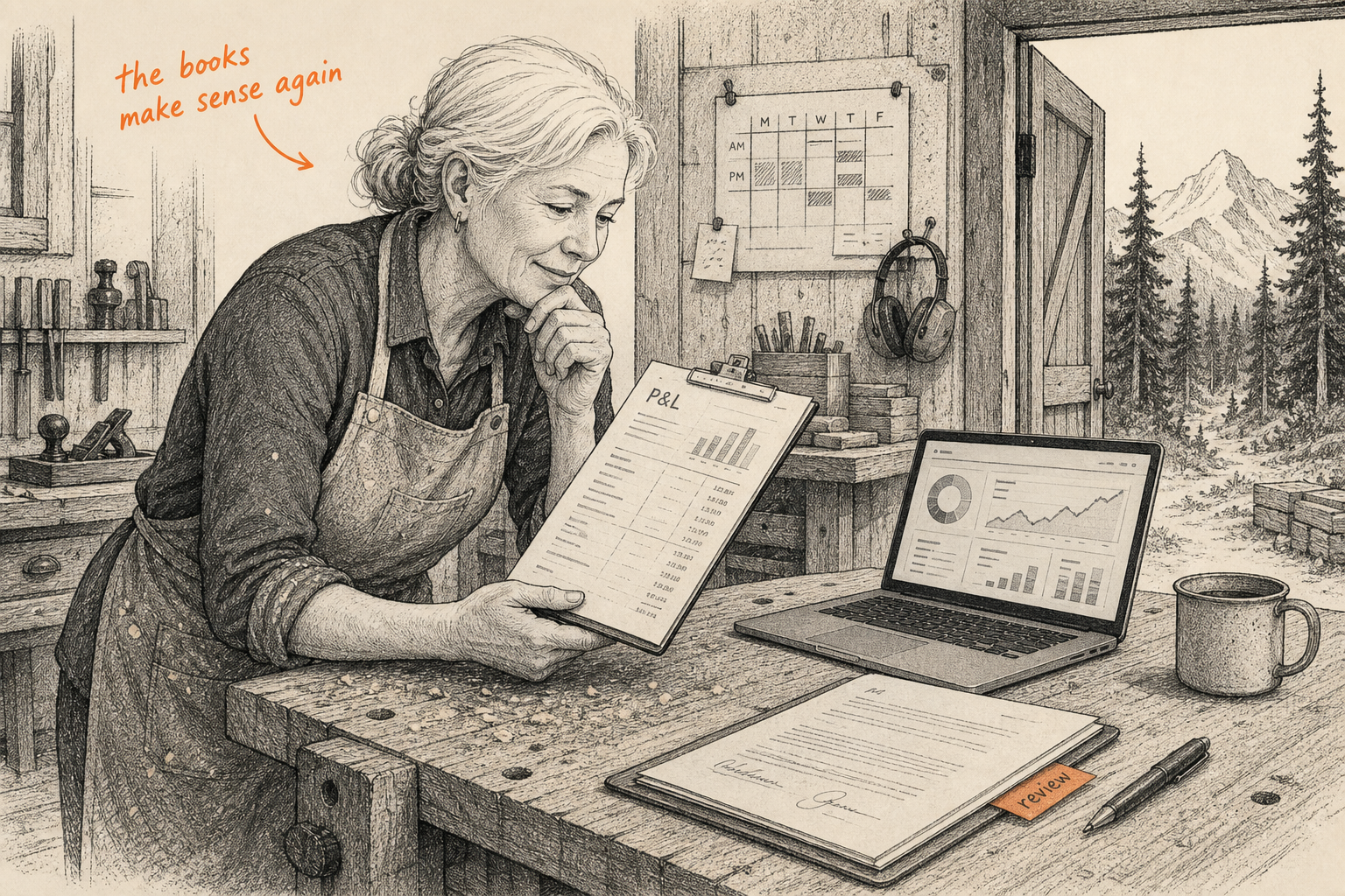 Field-guide line illustration of a custom millwork shop interior with a clipboard P&L on a workbench and pine trees through the open shop door