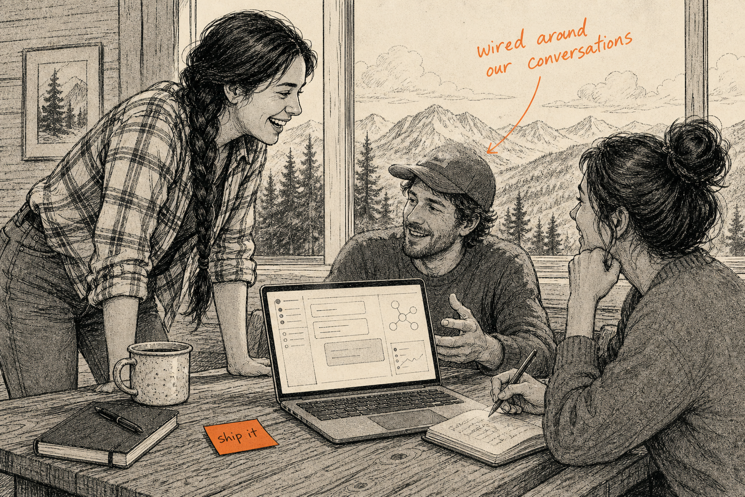 Field-guide line illustration of a desk with a notebook, coffee mug, and a stack of meeting notes with orange threads running out to smaller cards labelled CRM, finance, projects, recruiting