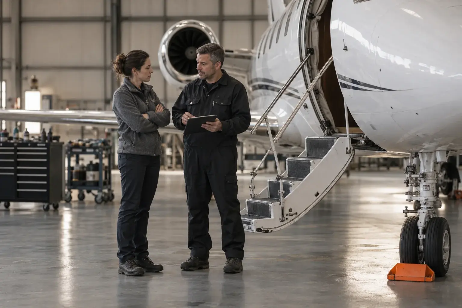 An instructor and a mechanic talking at the foot of a business jet's airstair