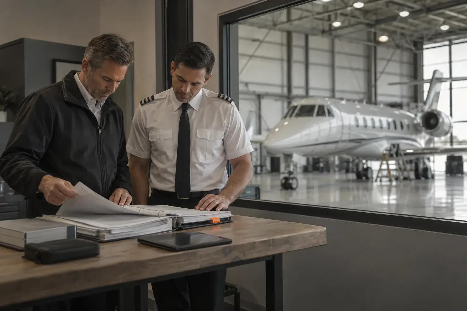 A director of operations and a pilot going through aircraft manuals, a business jet in the hangar behind them