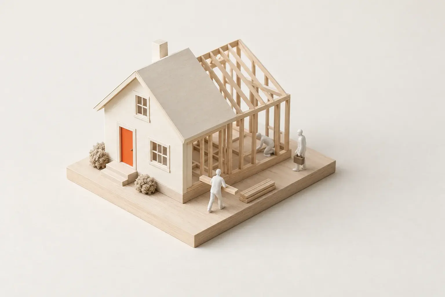 A paper model house, finished at the front and still being built at the back, with figures tending to it