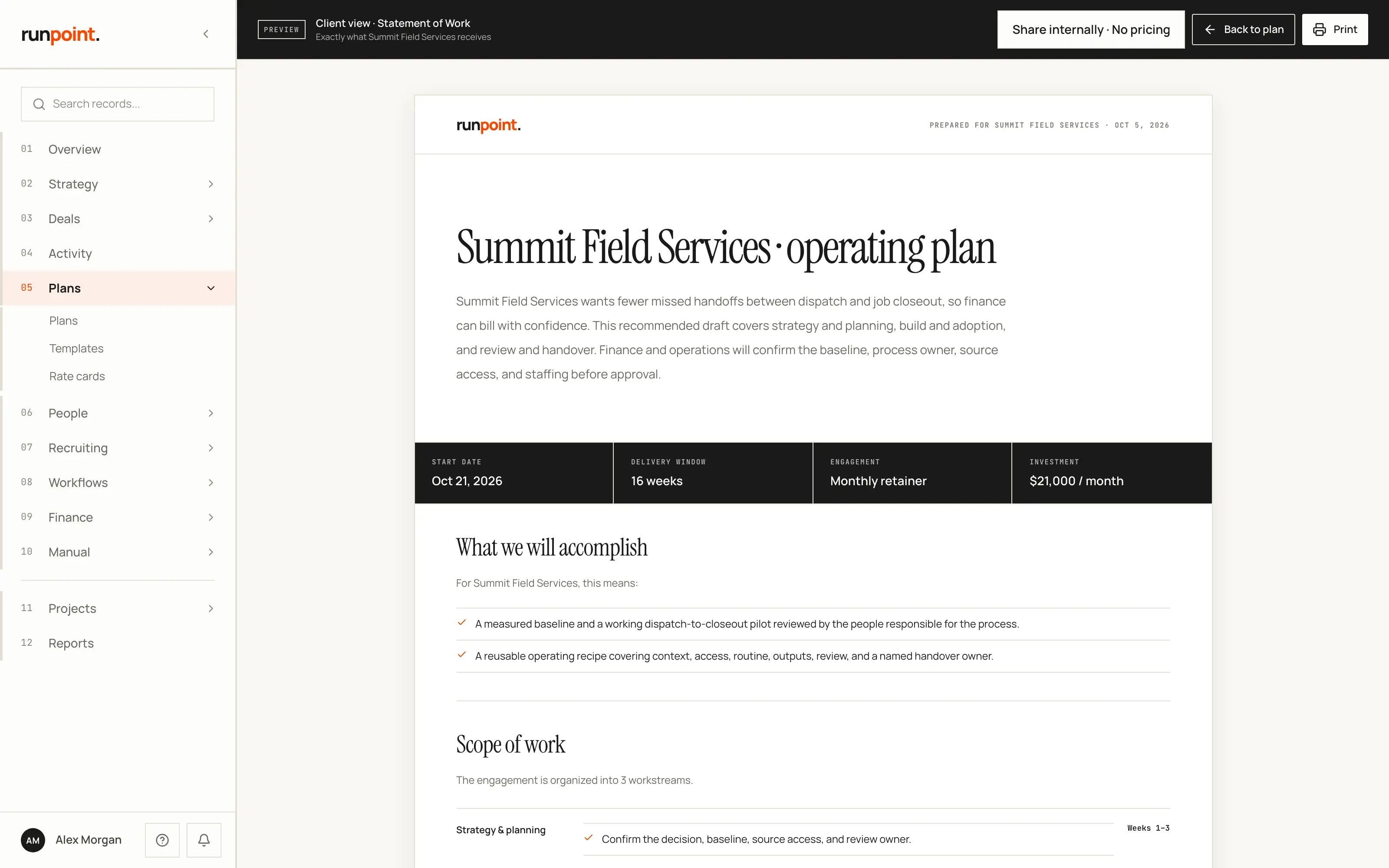 A client's operating plan in its client view, ready to send. Sample data.