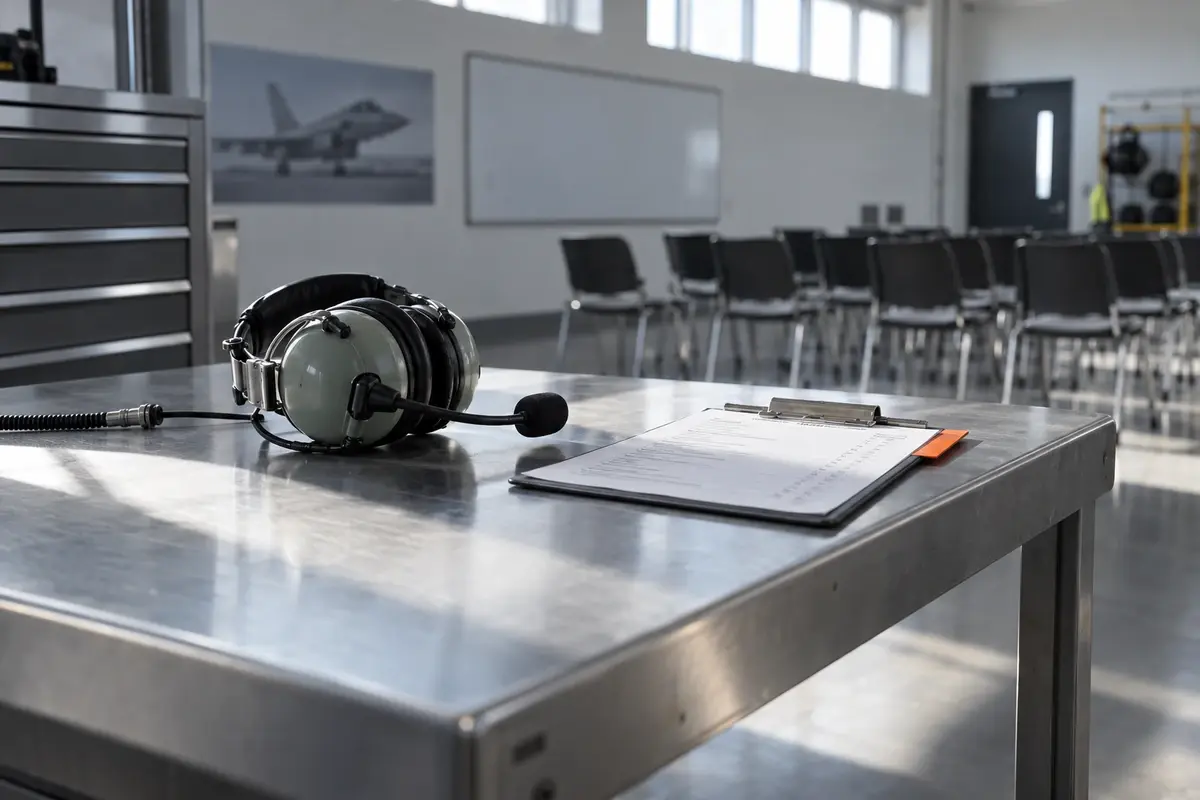 A pilot's headset and a course checklist on a steel table in a training hangar