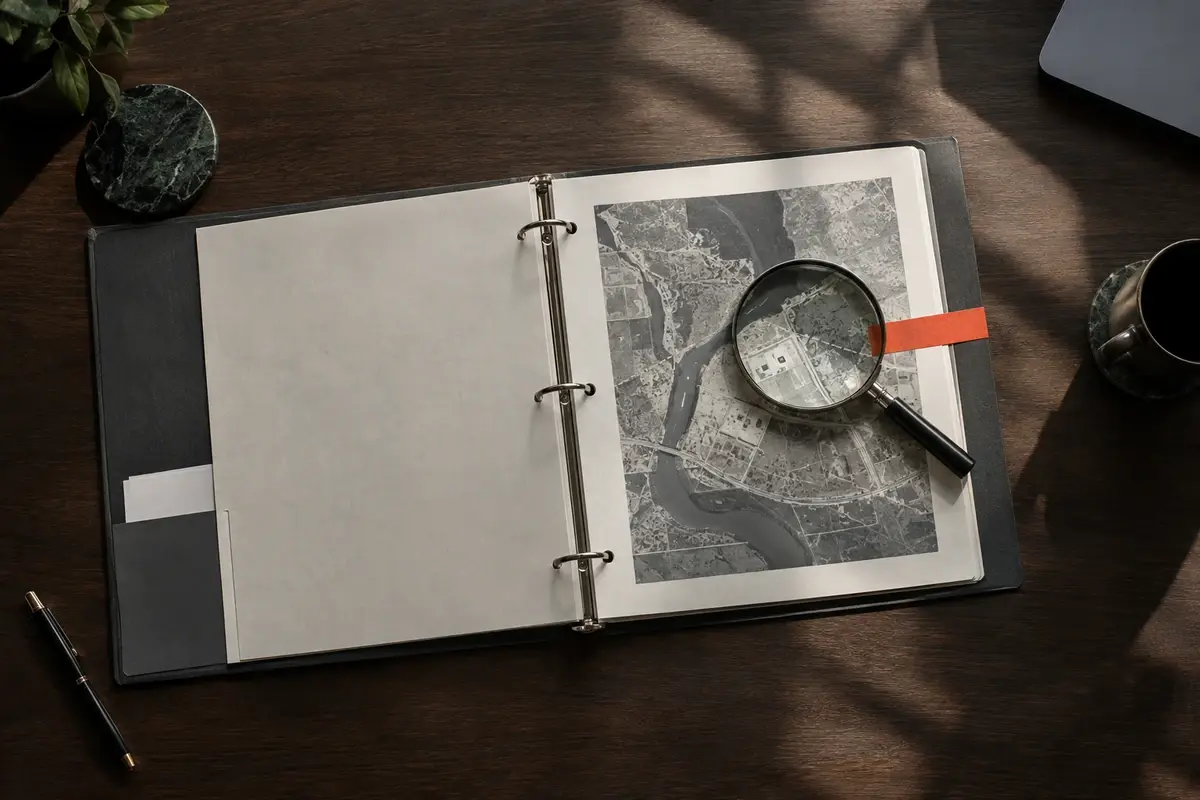 A binder of assessment pages with a magnifying glass on a dark desk