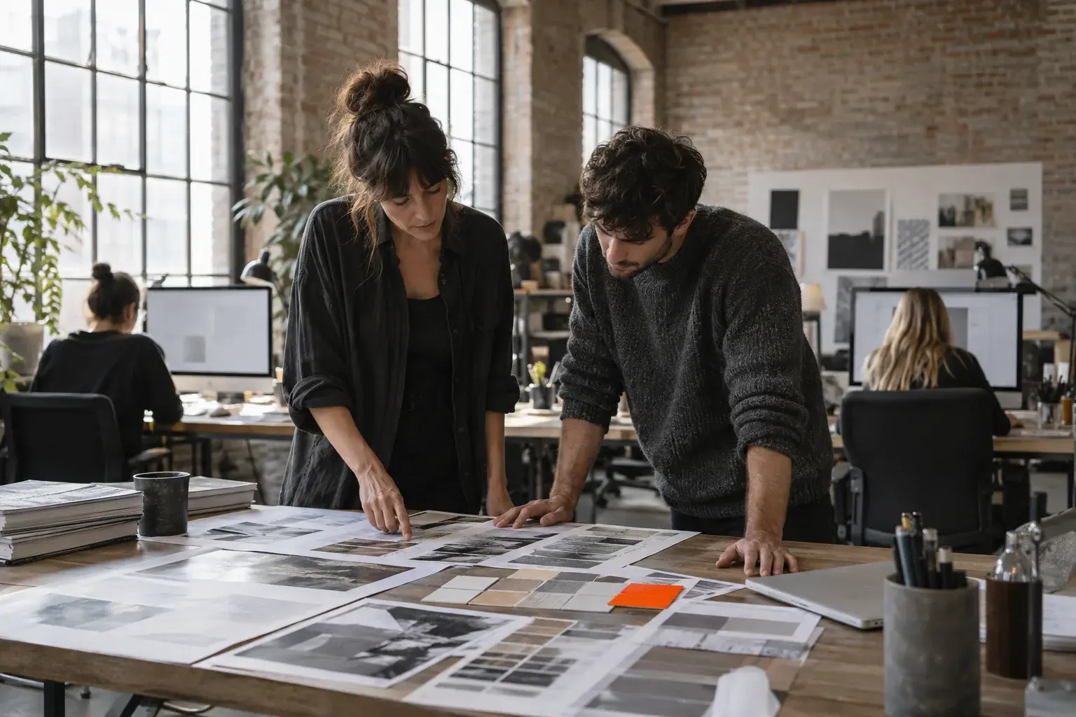 A producer and a designer look over printed layouts at a long studio table.