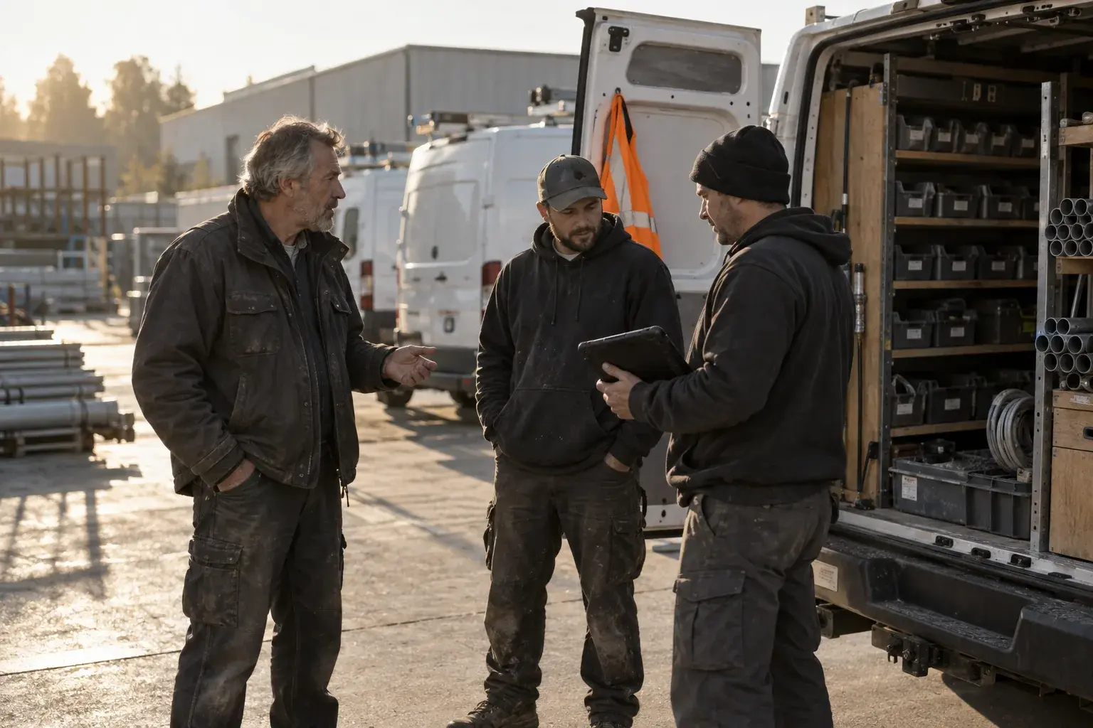A field superintendent talks with two technicians beside an open service van.