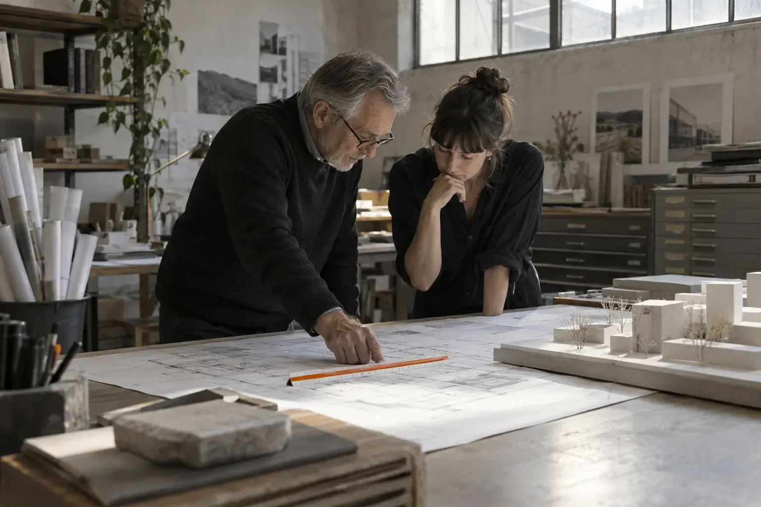 A principal and a project architect study a floor plan beside a white card model.