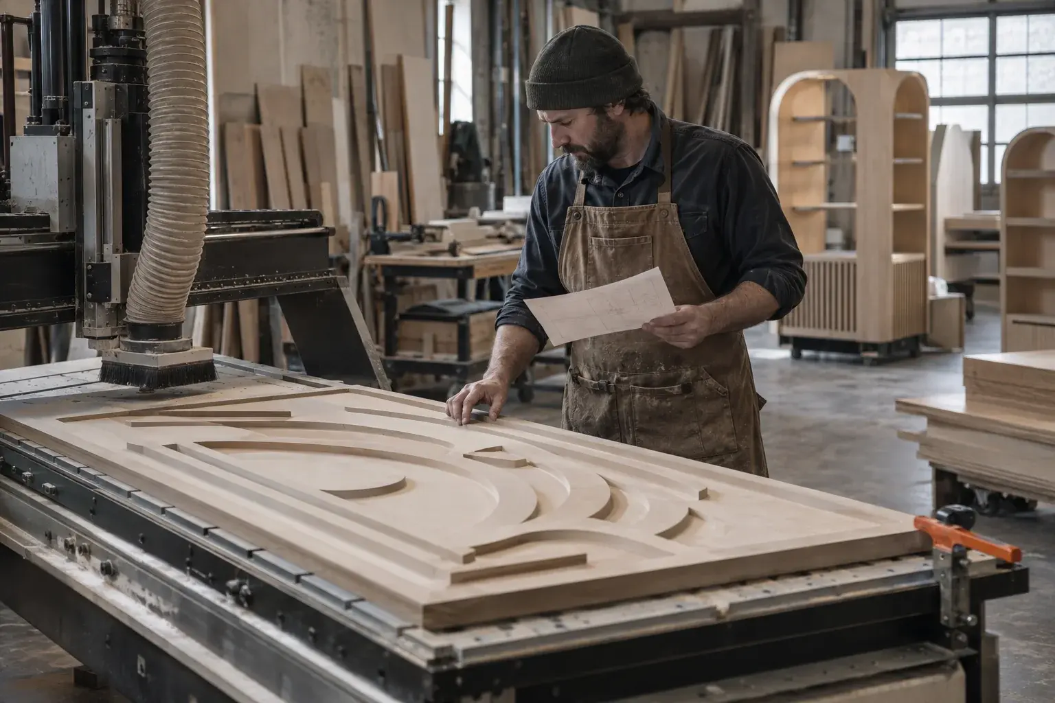 A woodworker checking a drawing beside a carved panel on a CNC table