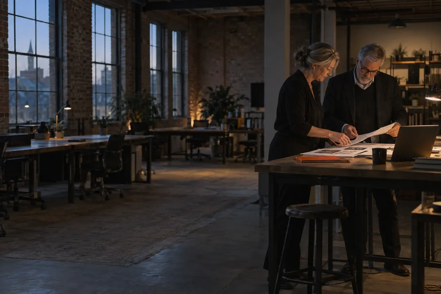 A small team of consultants working through a client plan at a long table