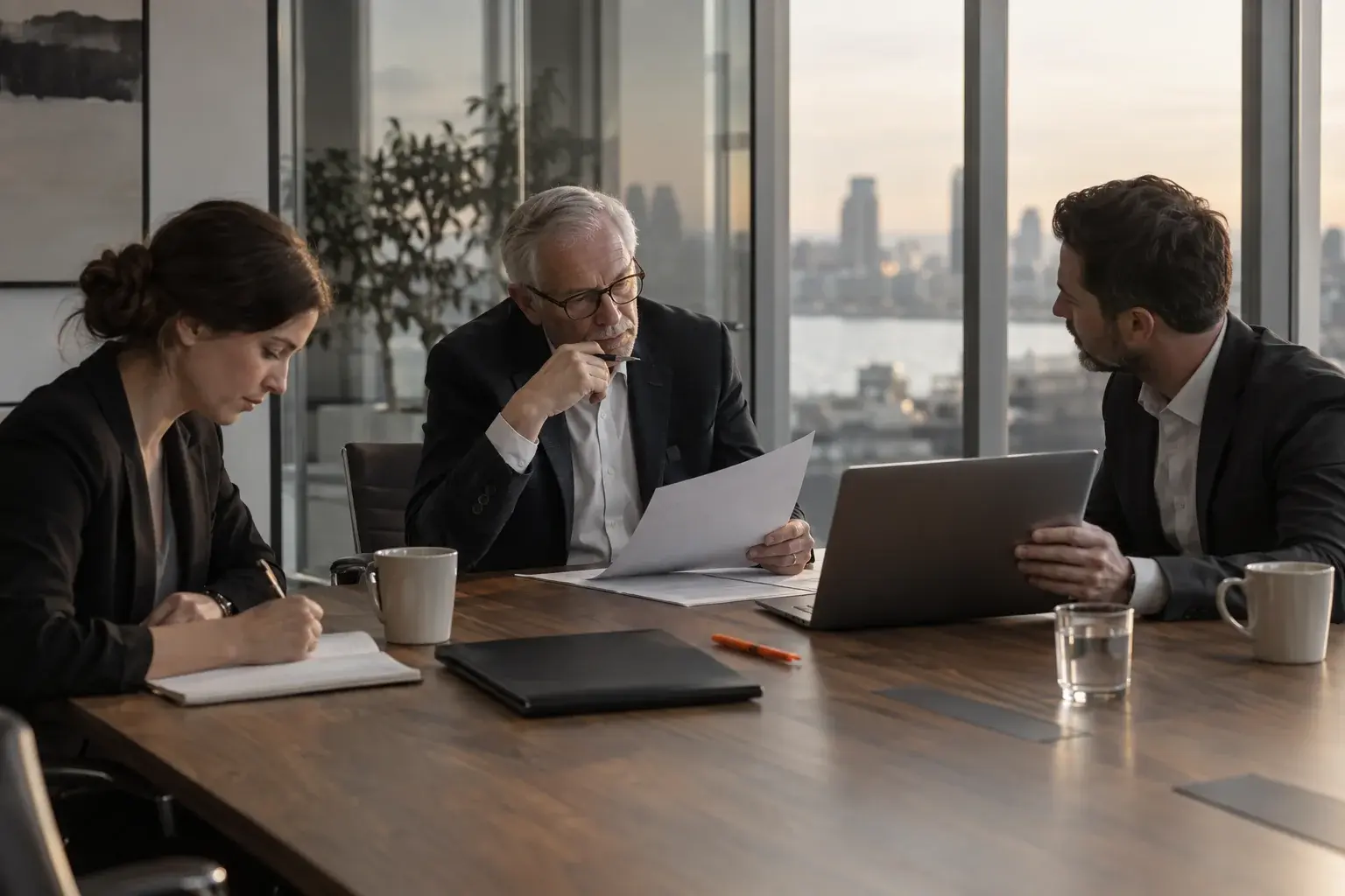 A firm's leaders reviewing a project plan together