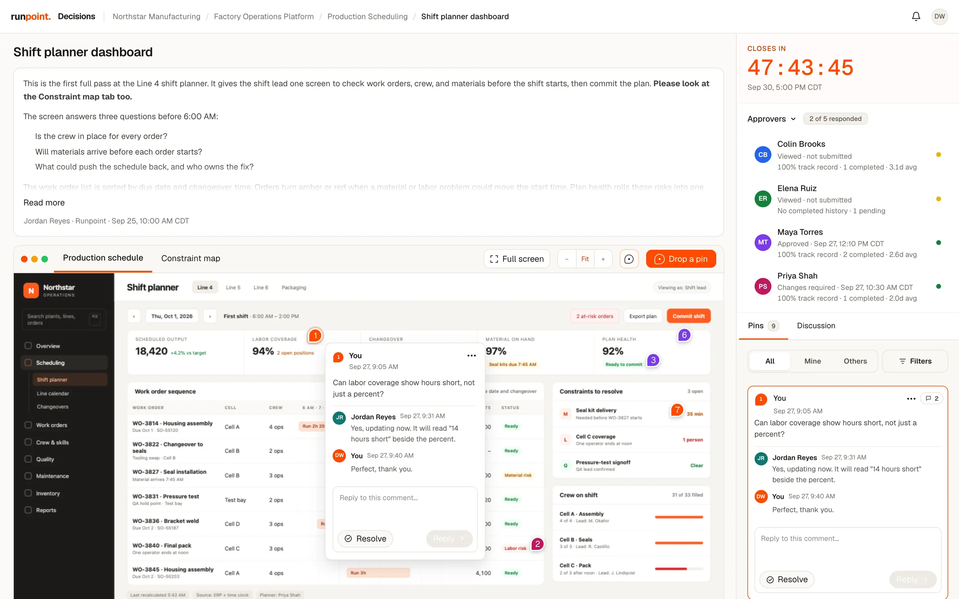 Runpoint Decisions: a shift planner under review, with a comment thread open, the list of approvers and a countdown to close. Sample data.