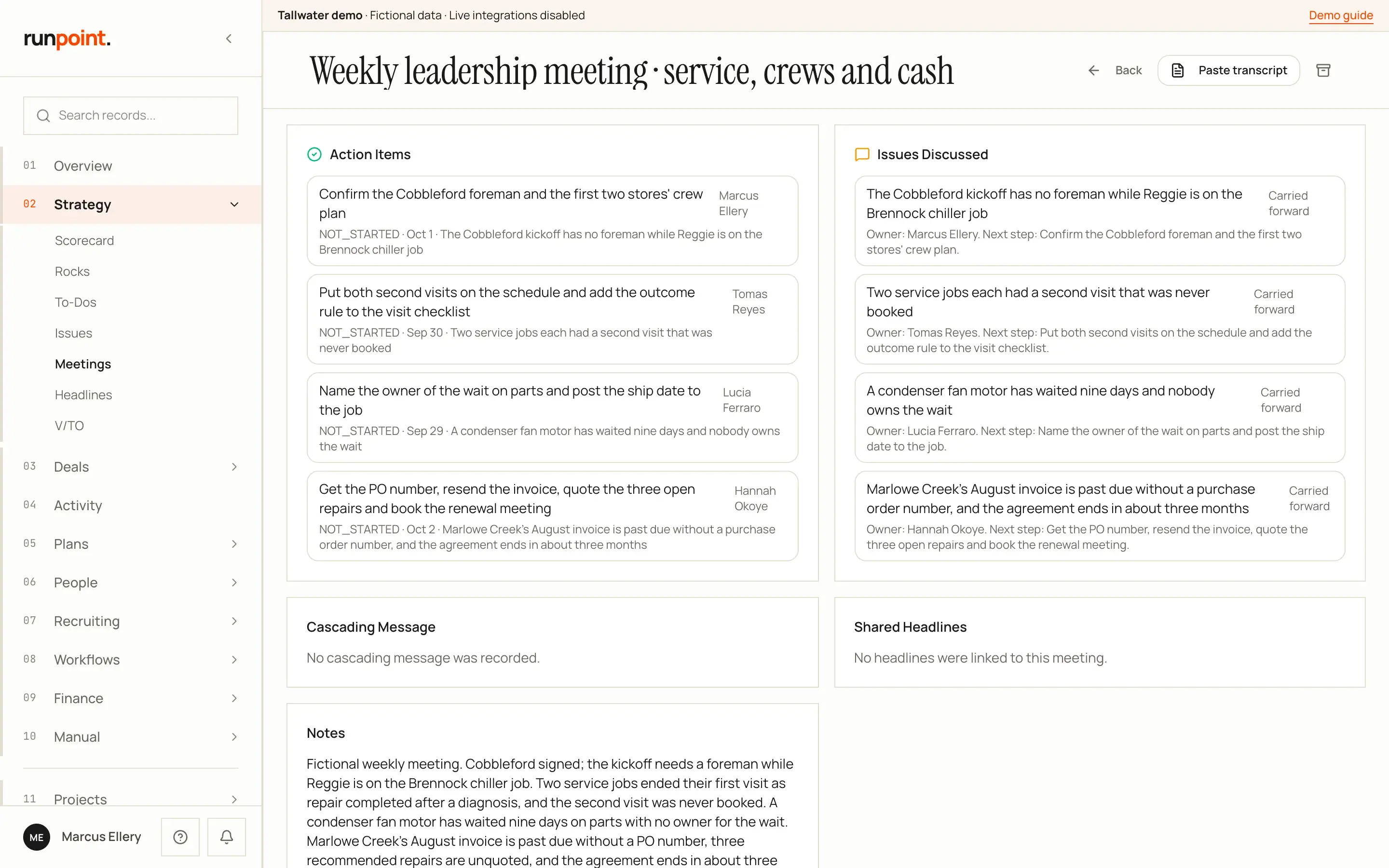 A weekly leadership meeting in Runpoint OS: four action items with owners and due dates beside the four issues discussed, with a button to paste the meeting transcript. Sample data.