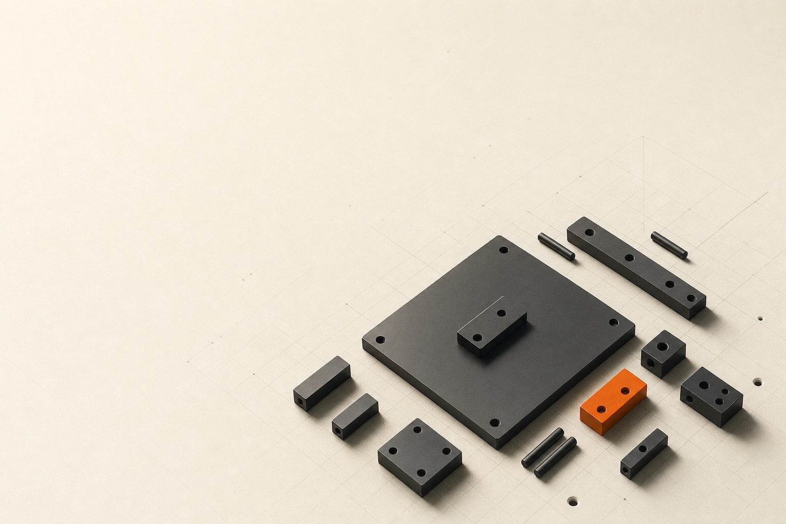 Abstract composition of modular machined parts in cream, ink, and international orange