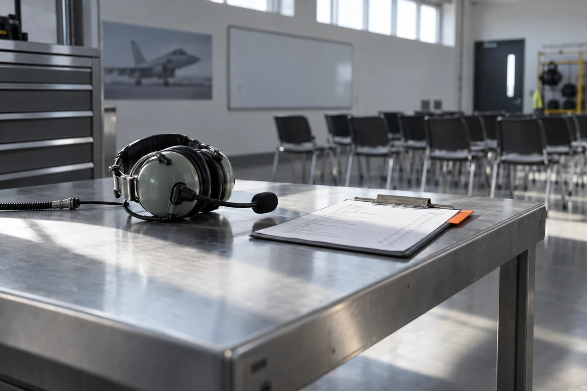 An aviation training workspace with a headset and course checklist