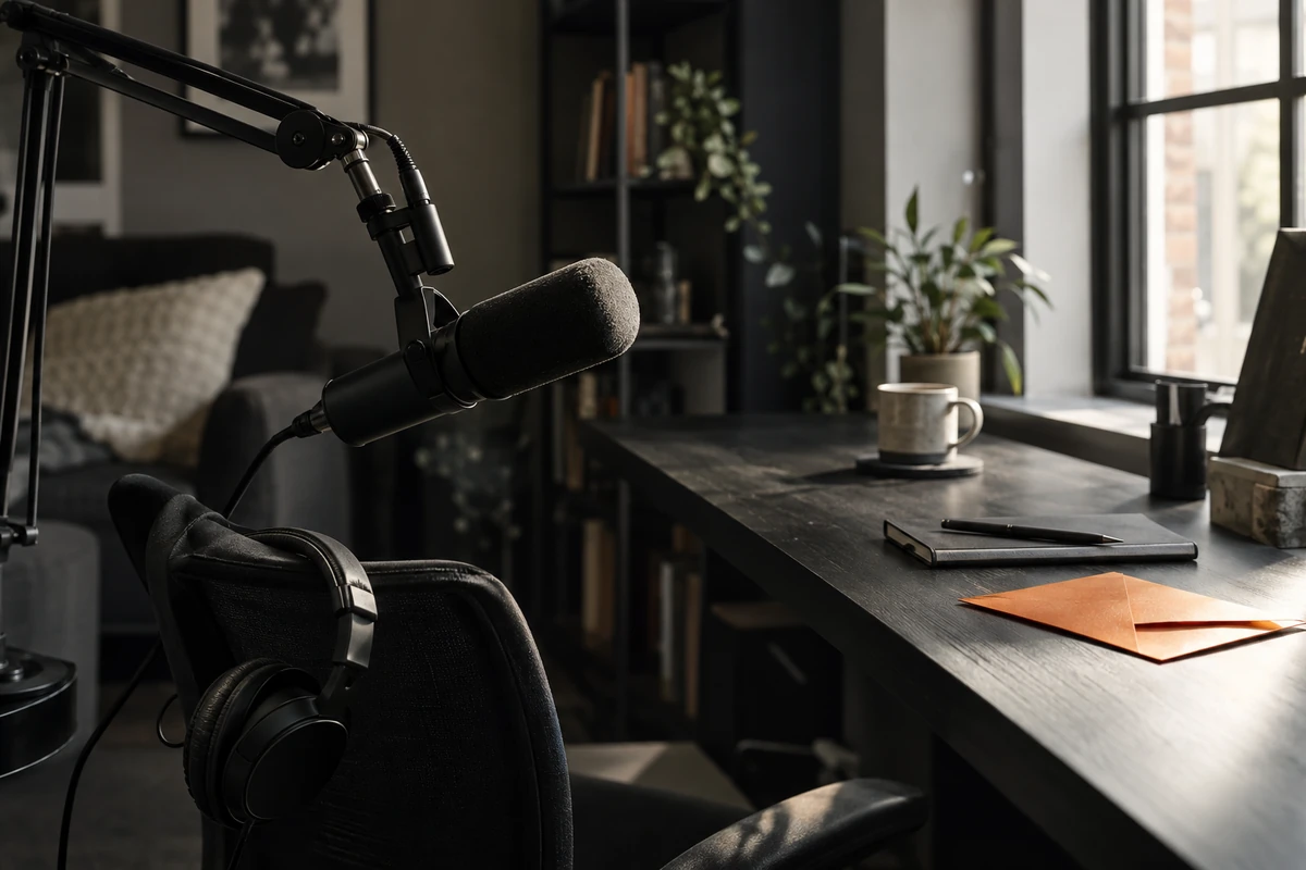 A studio microphone, headphones and campaign materials on a desk