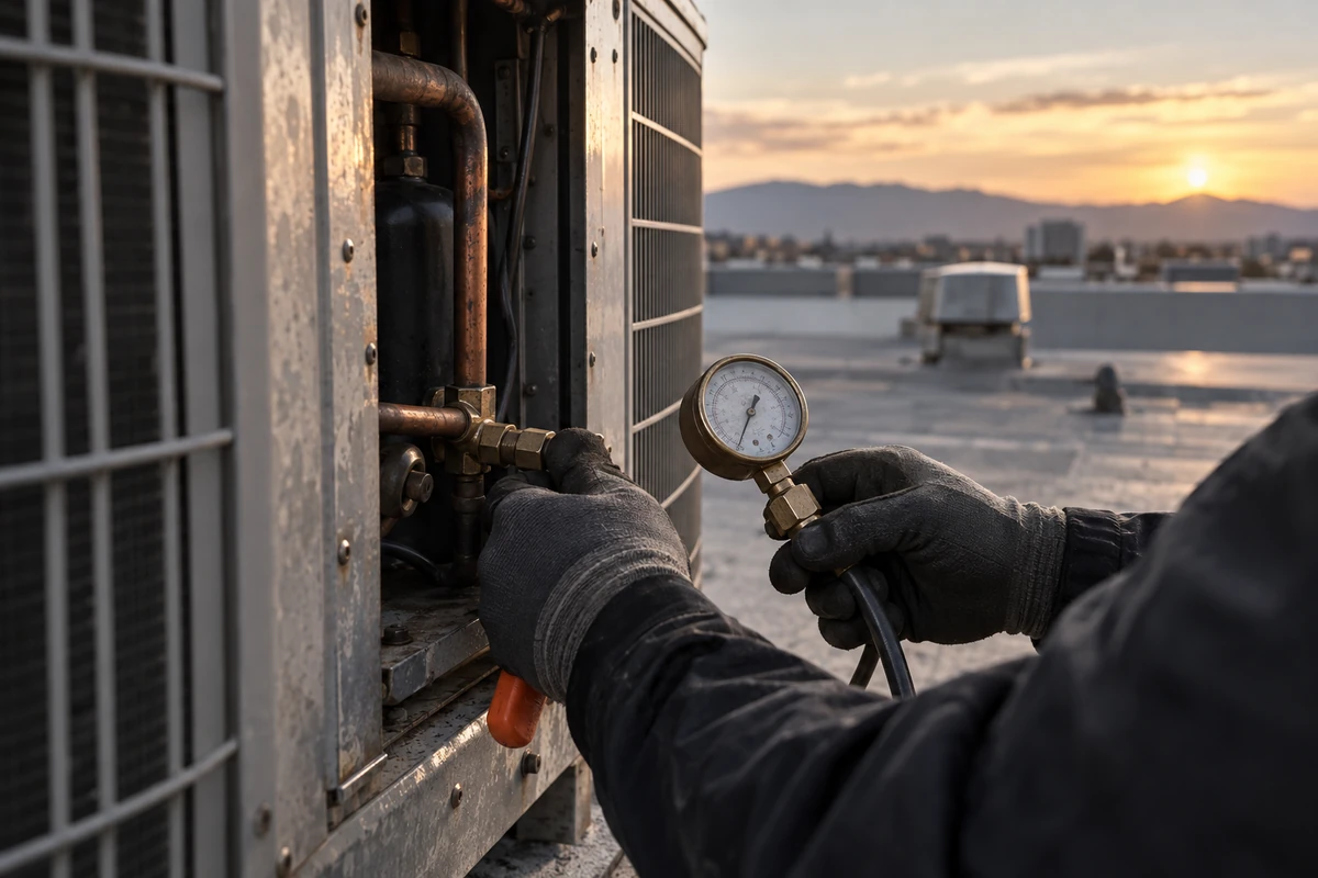 A technician checking a pressure gauge on a rooftop unit at sunset