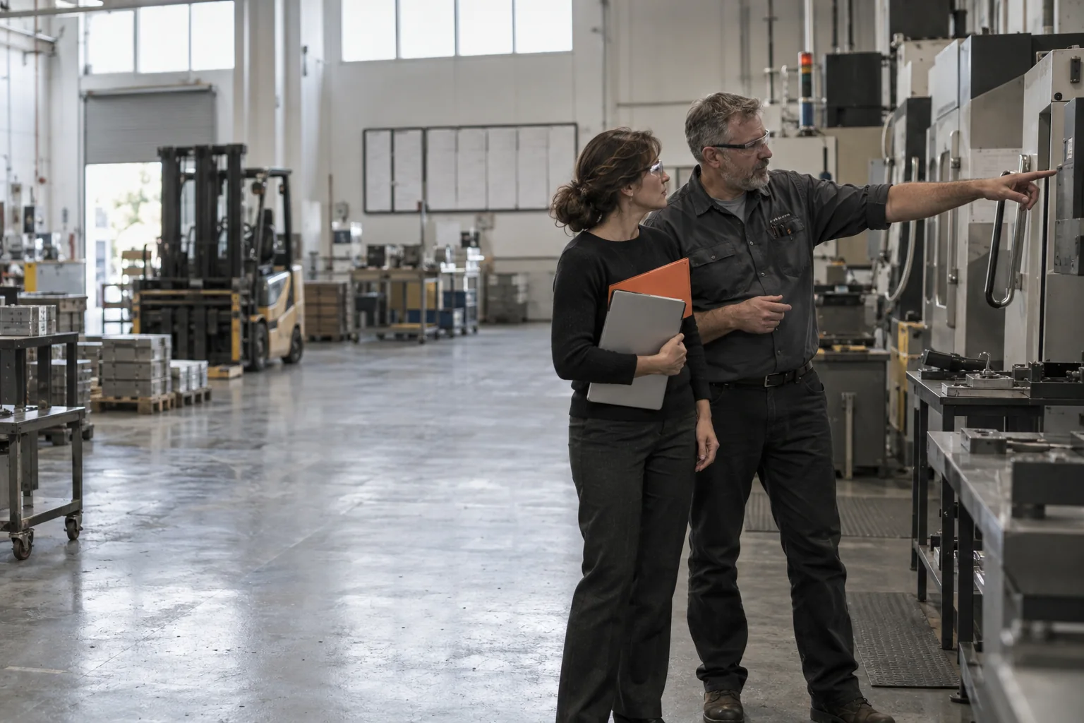 A consultant listens on a factory floor while the operations manager points out a row of machines.