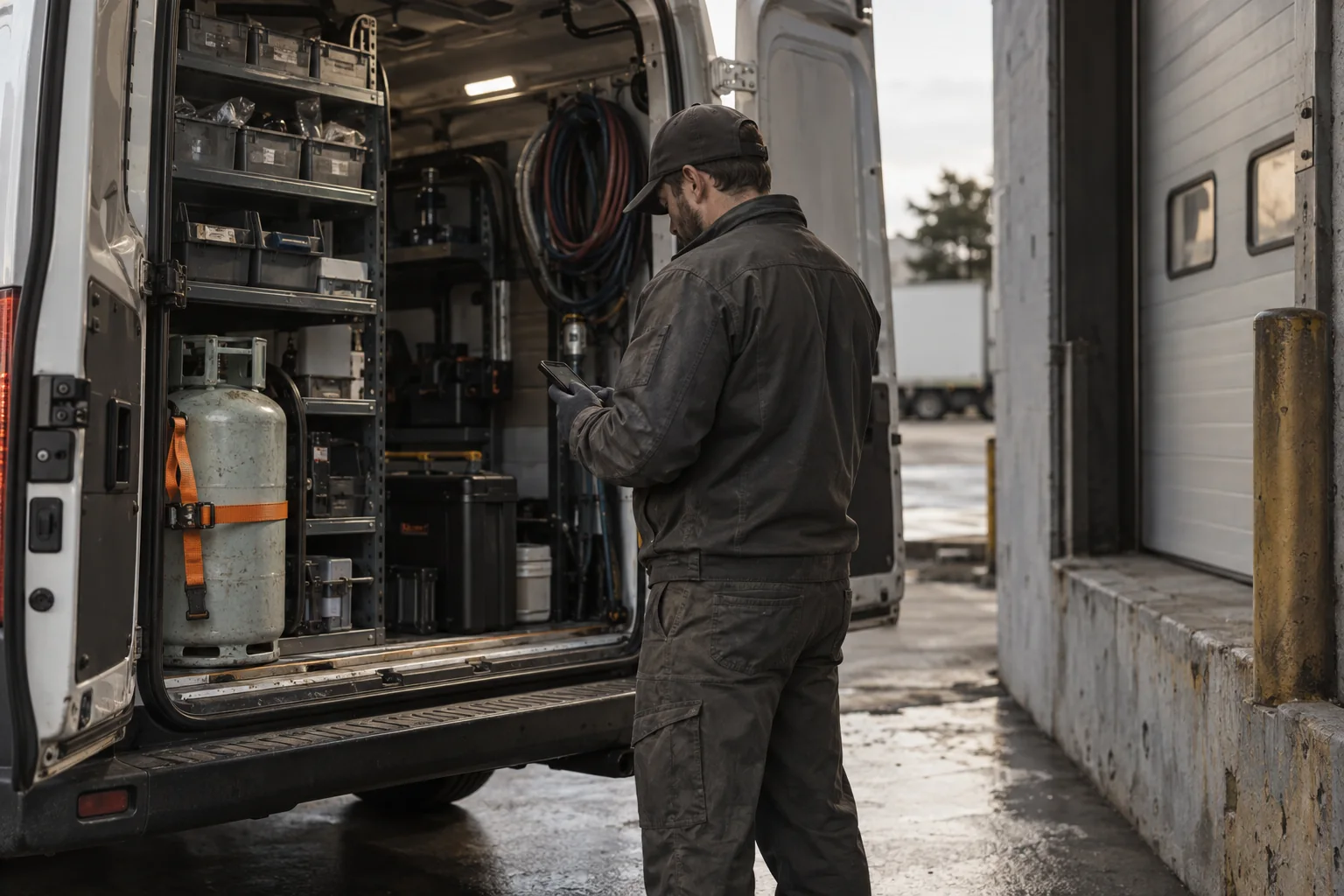 A technician at the open doors of a work van, checking a phone before the next call