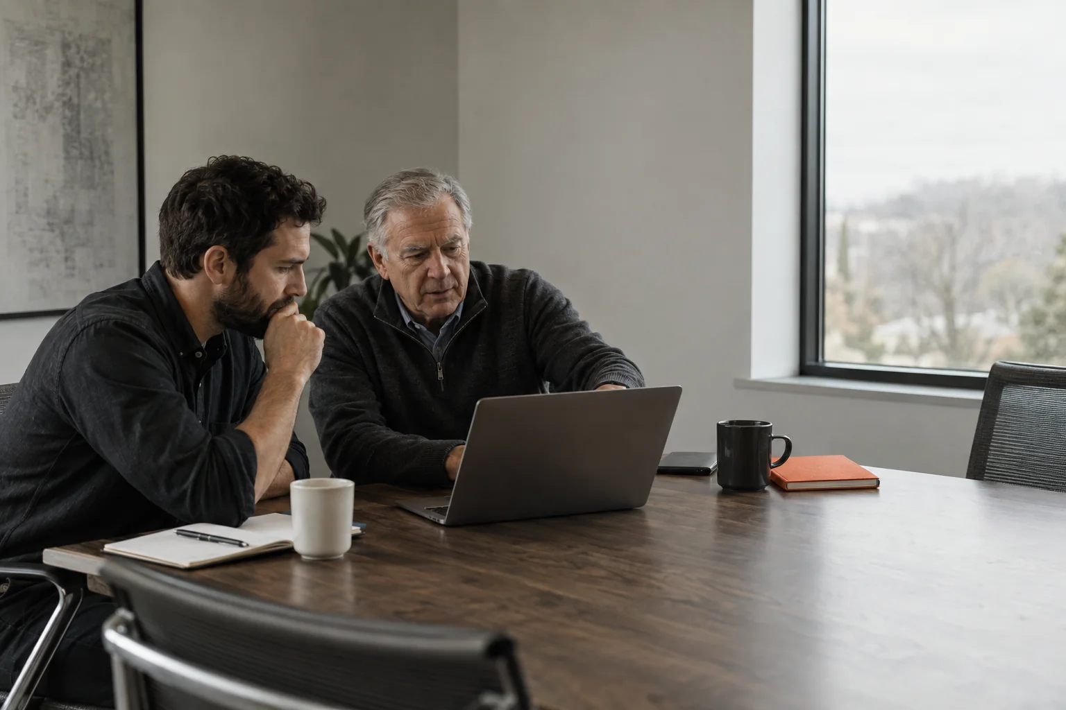 A software engineer and a company leader review a laptop together at a conference table, with a quiet wall and window beside them.
